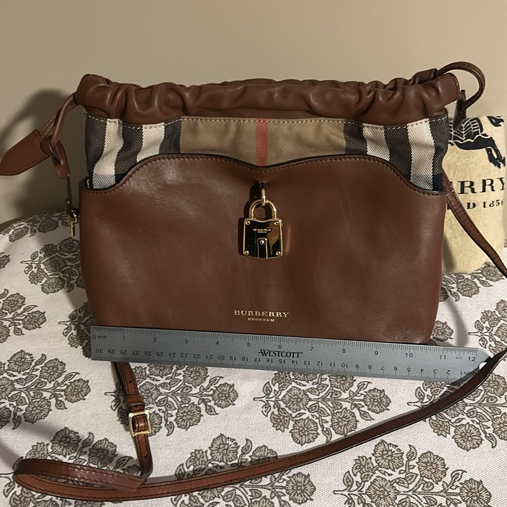 Burberry Brown Leather Drawstring Crossbody with Check Trim - Picture 14 of 16
